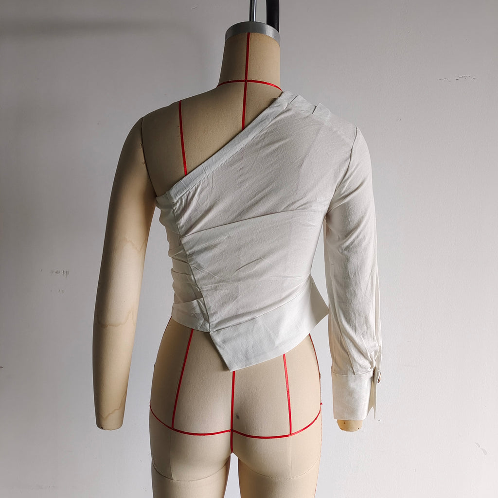 Spring Women Clothing Design Sexy Sexy Slim Asymmetric Imitation Linen One Shoulder Top