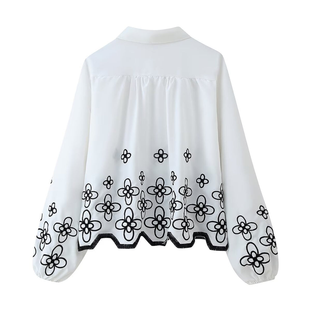 Spring Women Clothing Stylish Simple Embroidery Long Sleeve Shirt Top