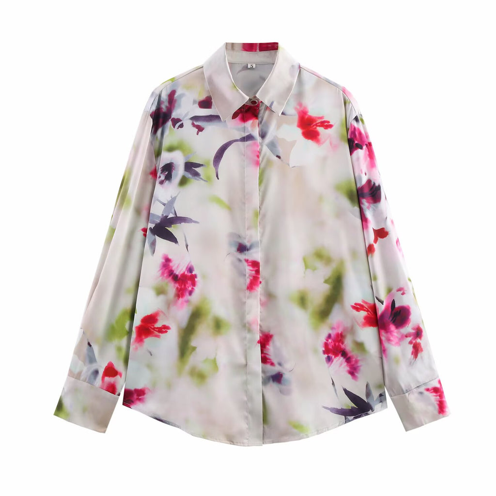 Women Spring Floral Print Casual Satin Shirt