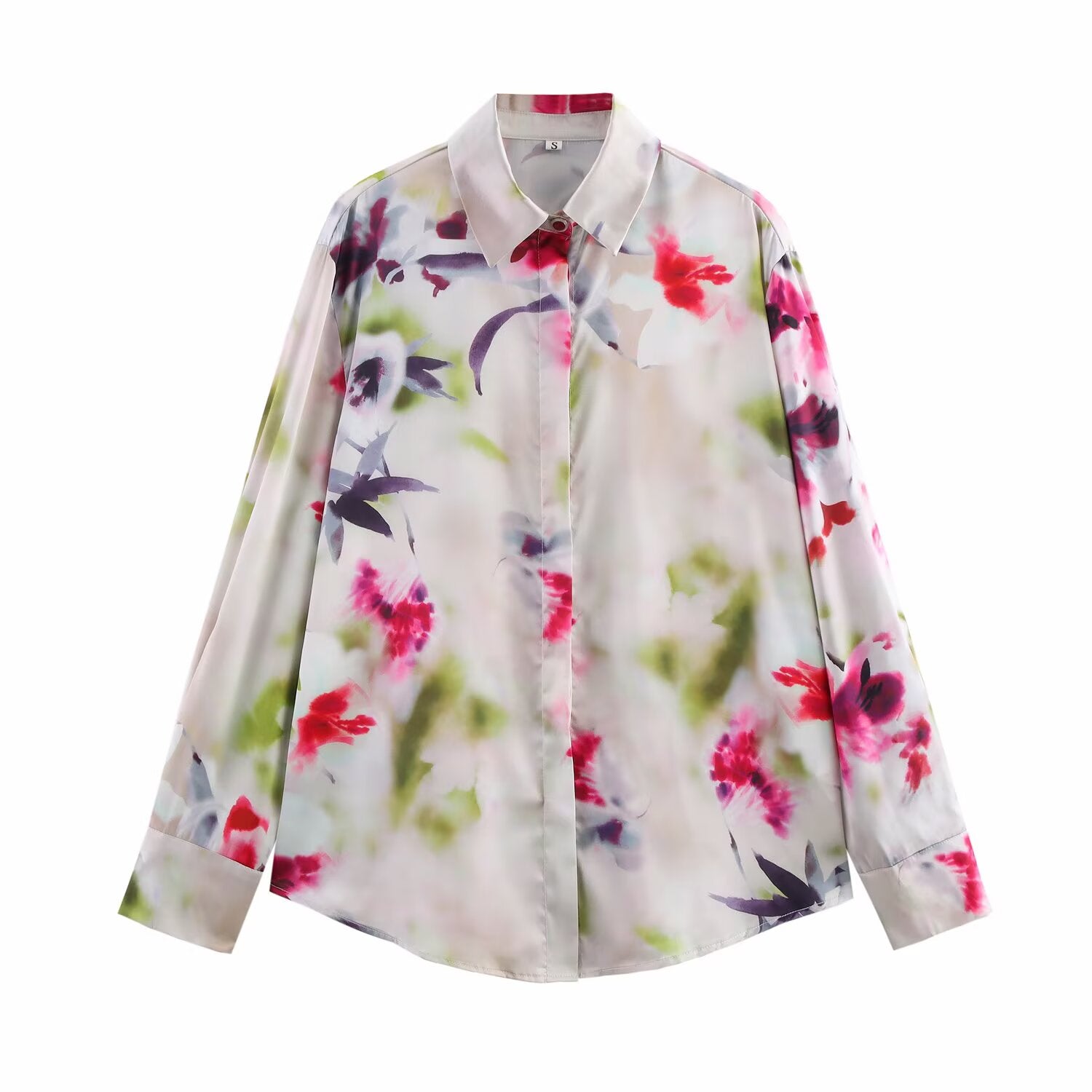 Women Spring Floral Print Casual Satin Shirt