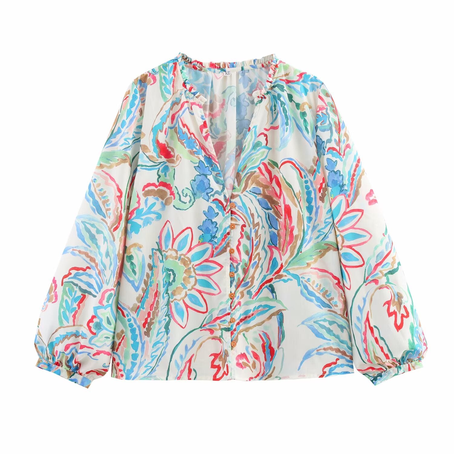 Spring Summer Women Clothing Casual Long Sleeve V neck Printed Poplin Shirt