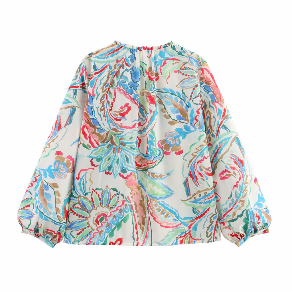 Spring Summer Women Clothing Casual Long Sleeve V neck Printed Poplin Shirt