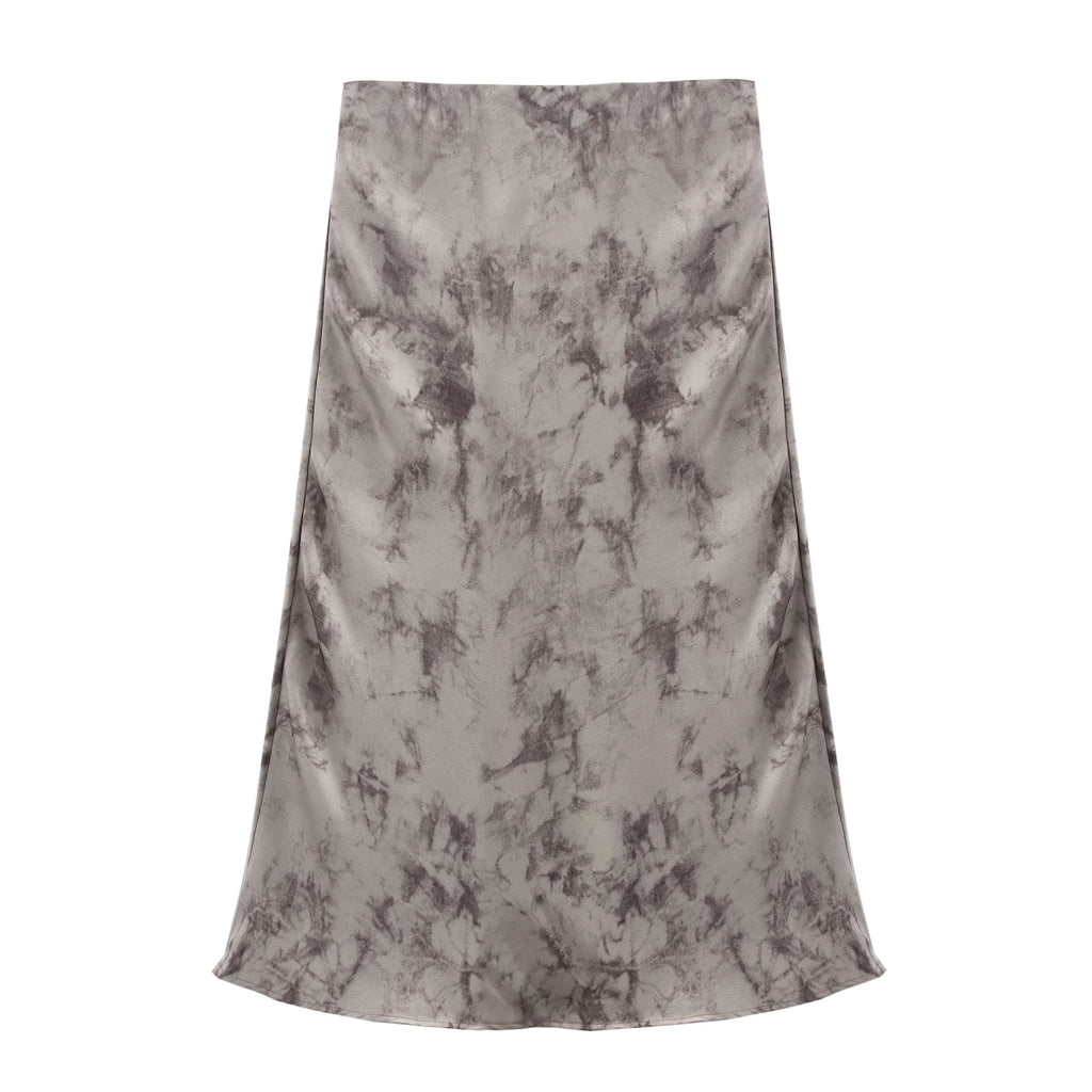 Spring Women Clothing Ink Fried Satin Diagonal Cut Skirt Midi Skirt