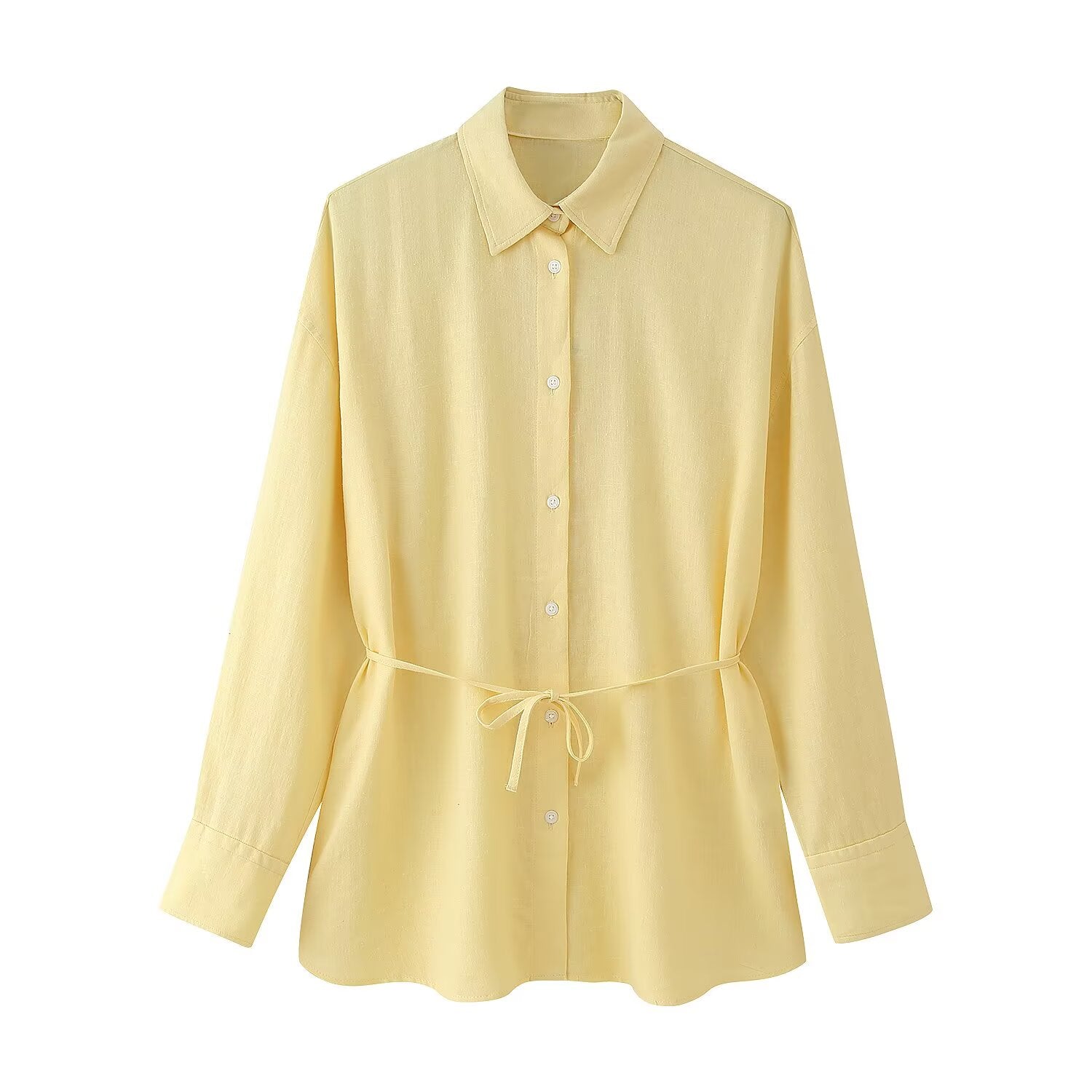 Summer Women Casual Simple Graceful Collared Long Sleeve Linen Loose Shirt