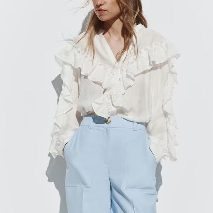 Spring Women Clothing Vertical Lace Laminated Decoration Shirt