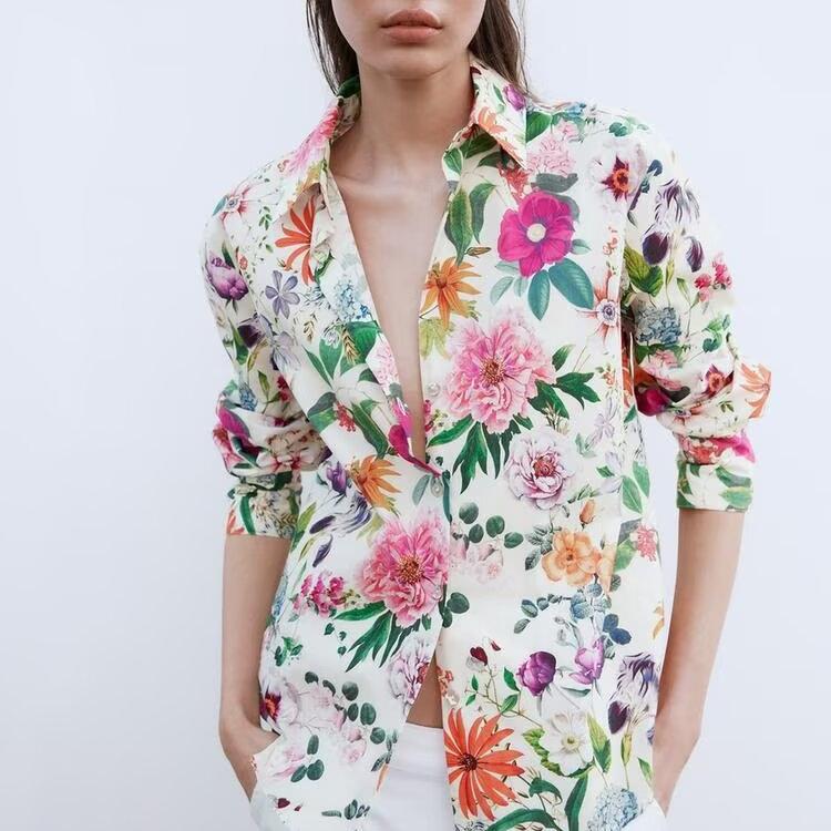 Floral Print Loose Shirt Spring Summer Long Sleeves V neck Single Breasted Casual Top Women