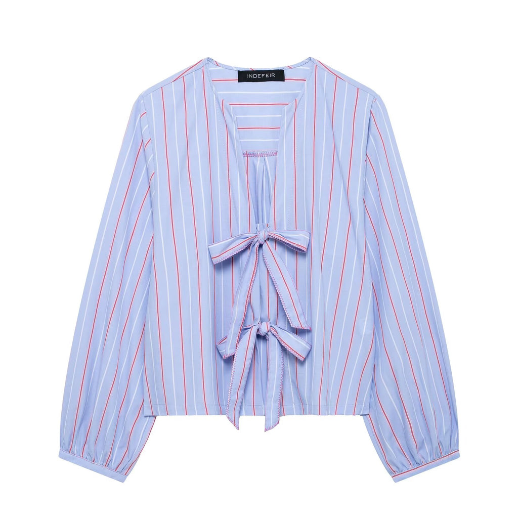 Spring Bowknot Decoration Striped Poplin Shirt