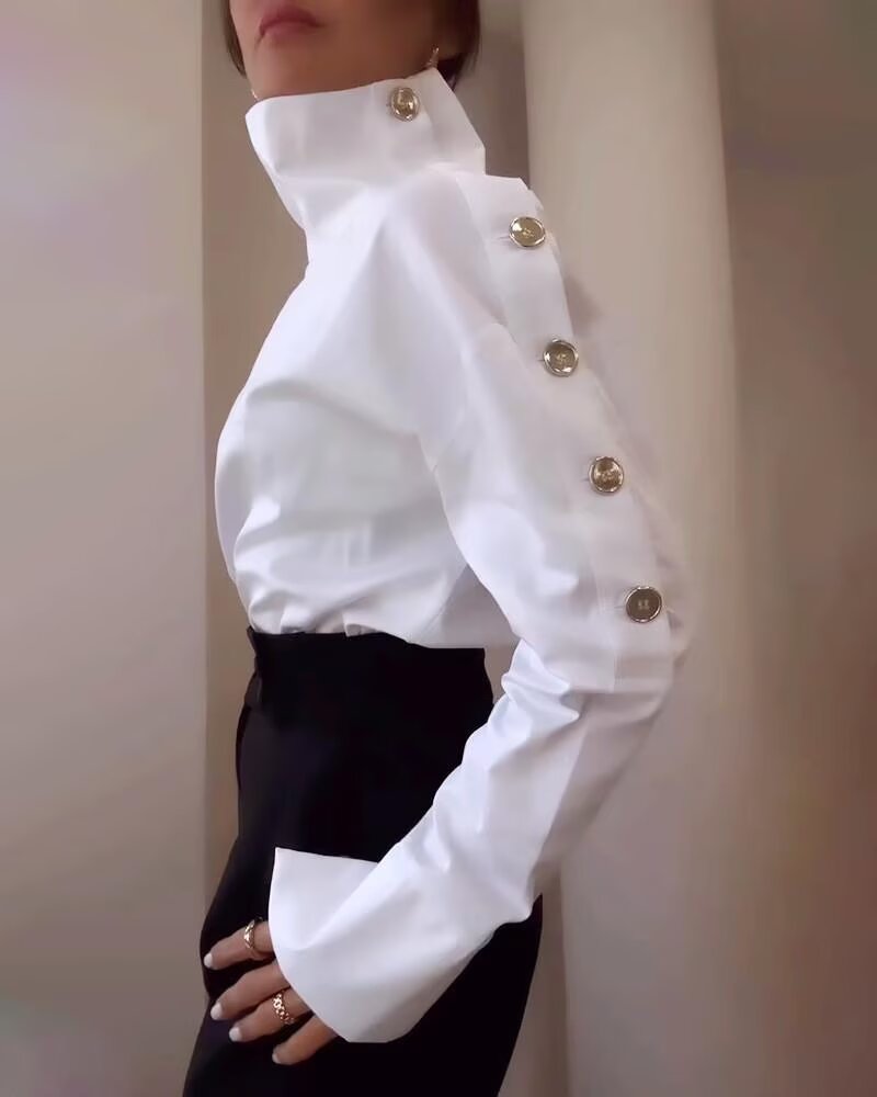 Summer Women Clothing Elegant Socialite Turtleneck Metal Buckle off Shoulder Shirt Women