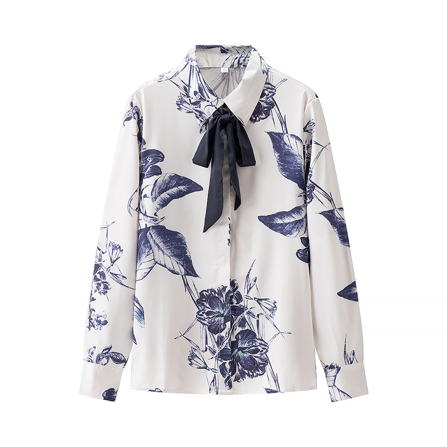 Spring Summer Women Casual Bowknot Decoration Printed Long Sleeve Collared Shirt