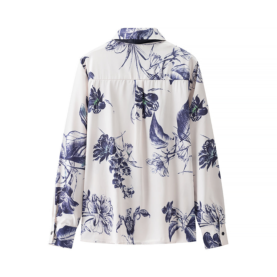 Spring Summer Women Casual Bowknot Decoration Printed Long Sleeve Collared Shirt