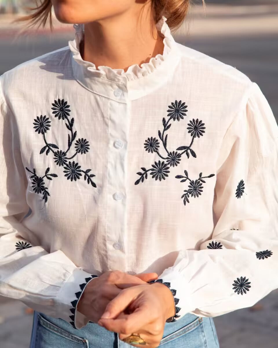 Spring Autumn Embroidery Branch Floral Loose Collared Women Shirt Long Sleeve