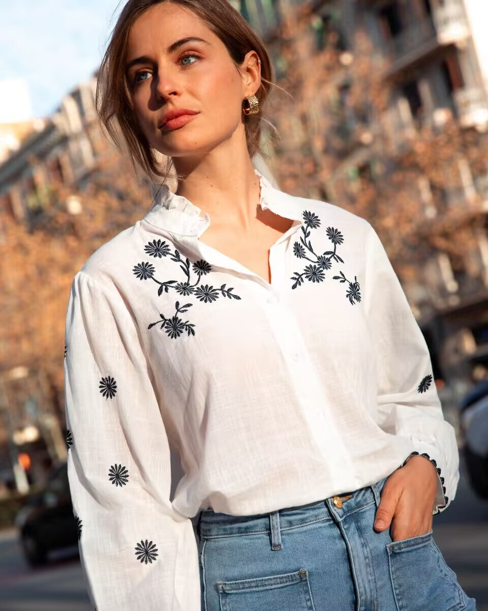 Spring Autumn Embroidery Branch Floral Loose Collared Women Shirt Long Sleeve