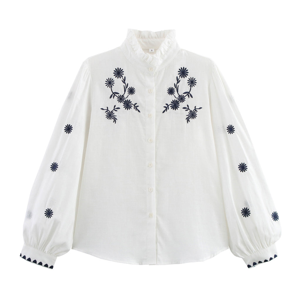 Spring Autumn Embroidery Branch Floral Loose Collared Women Shirt Long Sleeve