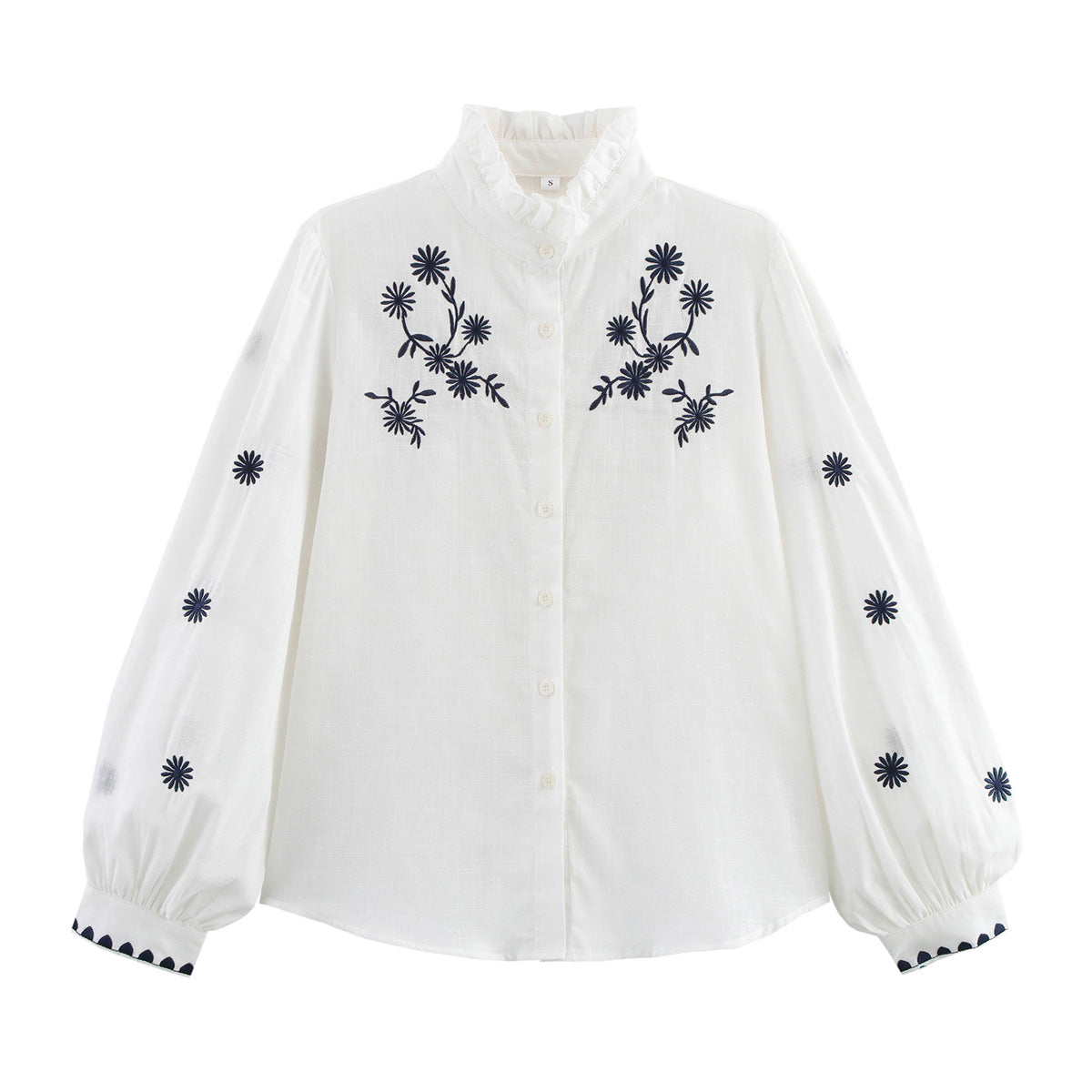 Spring Autumn Embroidery Branch Floral Loose Collared Women Shirt Long Sleeve