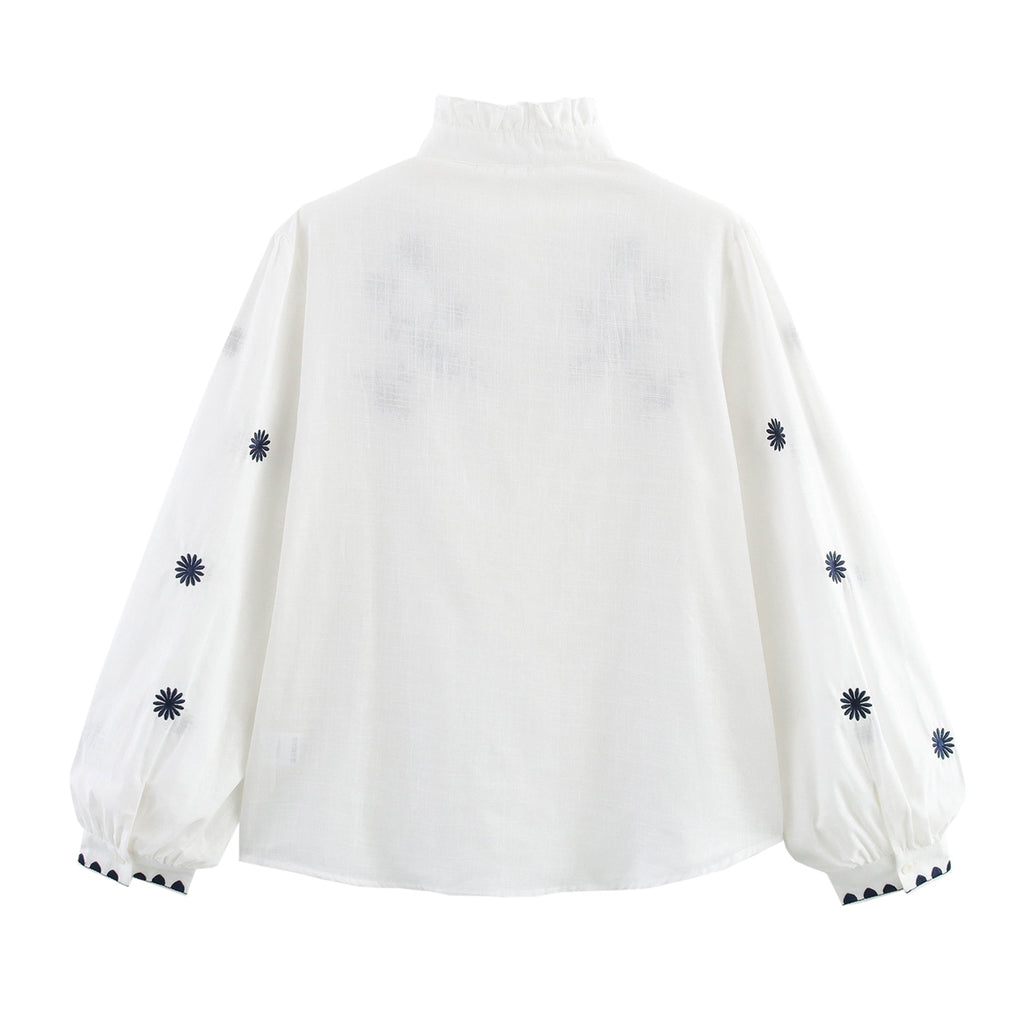 Spring Autumn Embroidery Branch Floral Loose Collared Women Shirt Long Sleeve