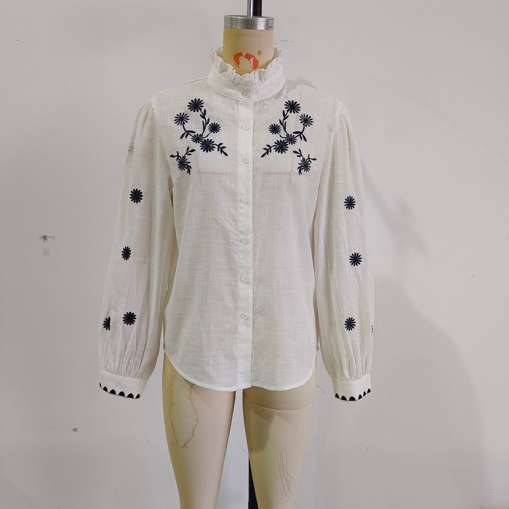 Spring Autumn Embroidery Branch Floral Loose Collared Women Shirt Long Sleeve