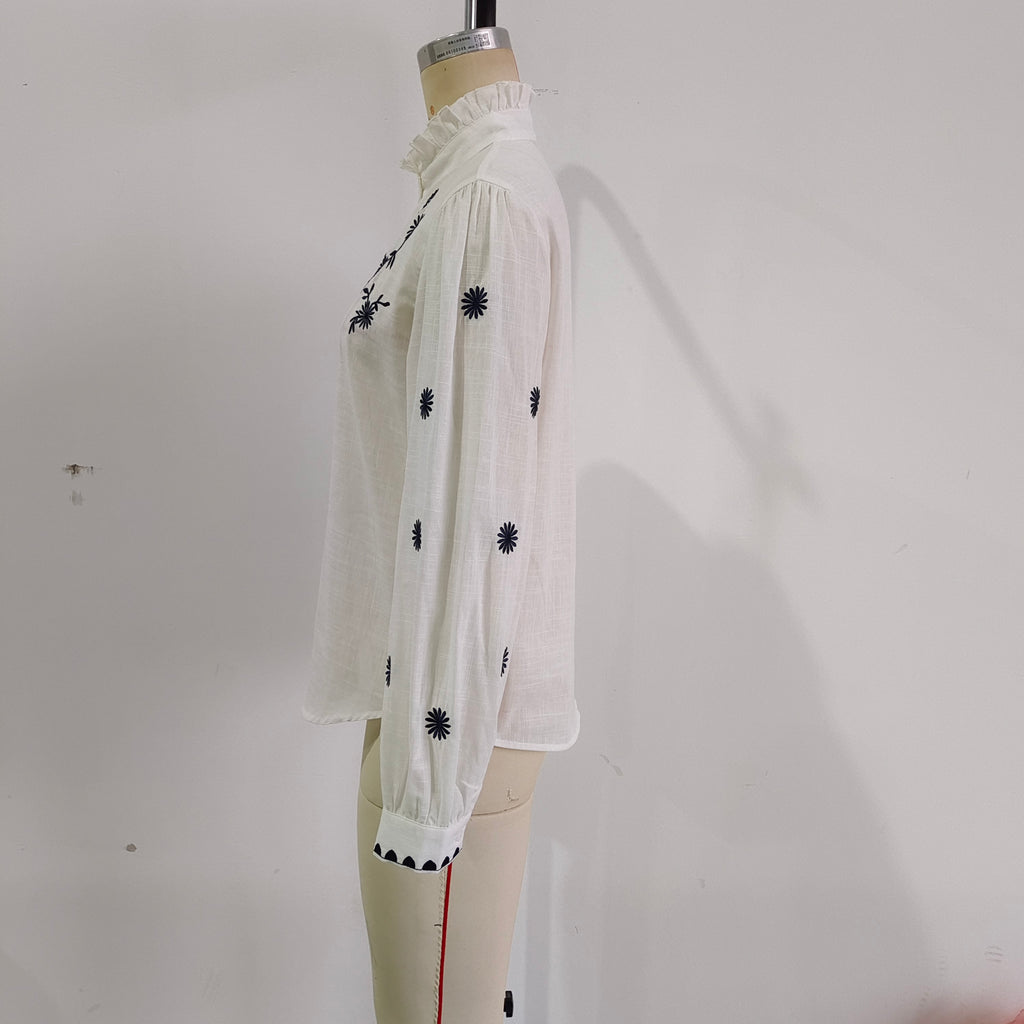 Spring Autumn Embroidery Branch Floral Loose Collared Women Shirt Long Sleeve