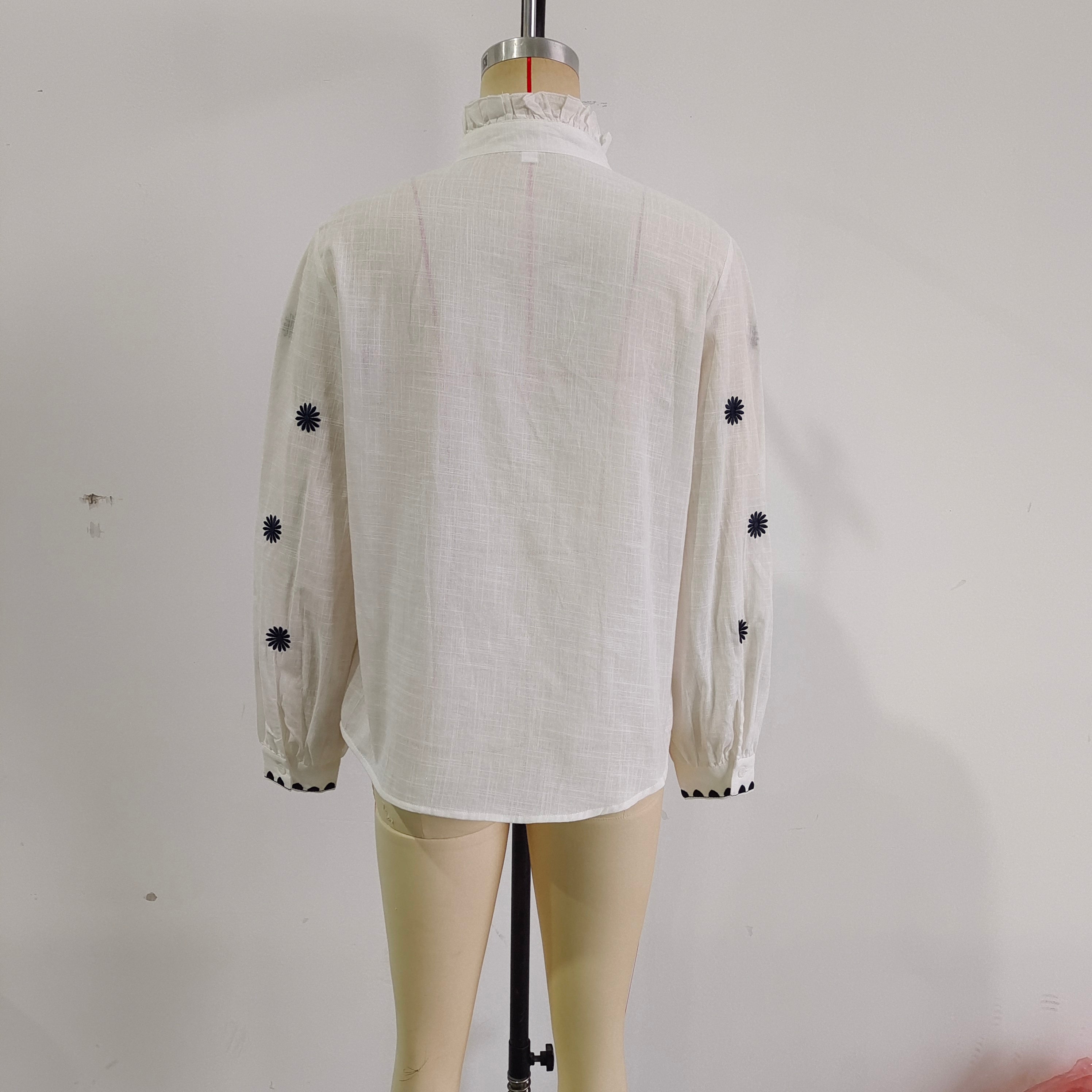 Spring Autumn Embroidery Branch Floral Loose Collared Women Shirt Long Sleeve