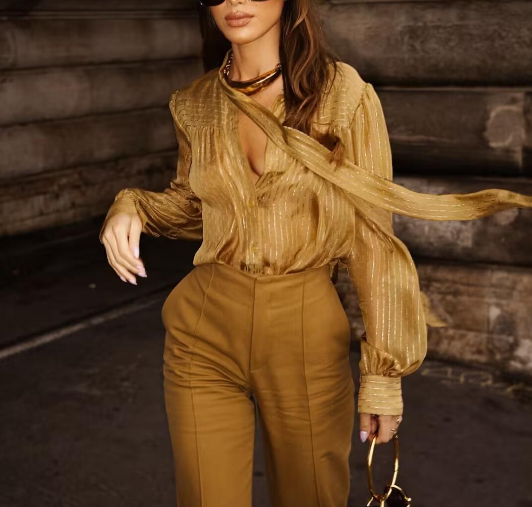 Spring Casual V neck Lace up Lightweight Elegant Shirt Top Women