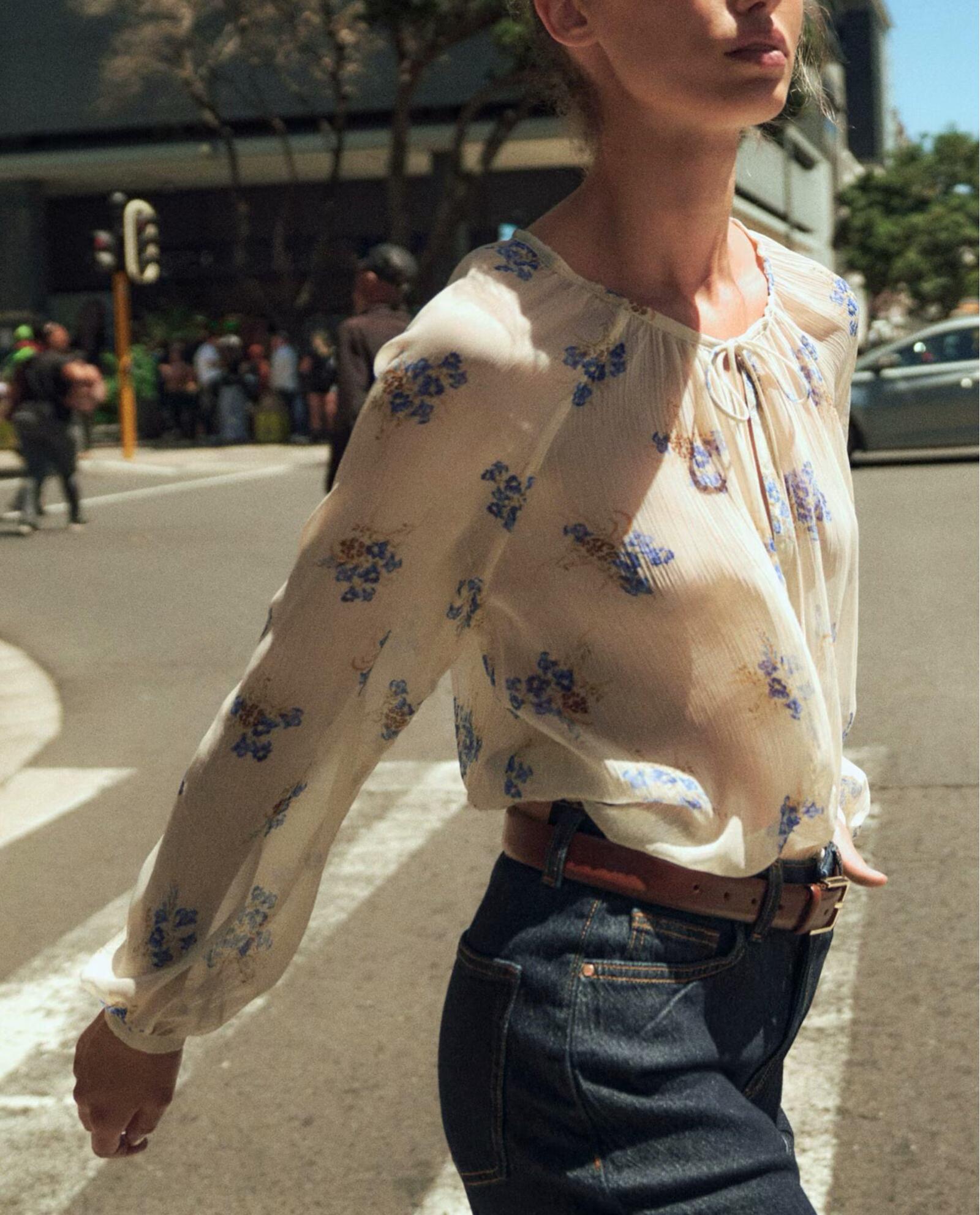 Spring Summer Women Casual Floral Print Translucent Shirt