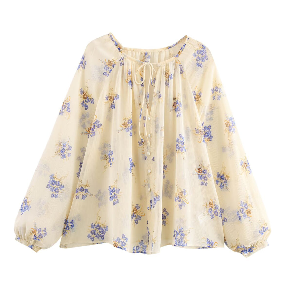 Spring Summer Women Casual Floral Print Translucent Shirt