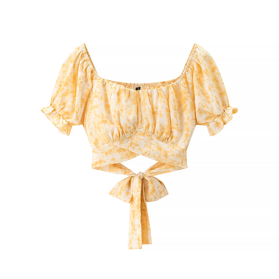 Women Wear All Match Lace up Design Short Sleeve Tube Top Printed Top