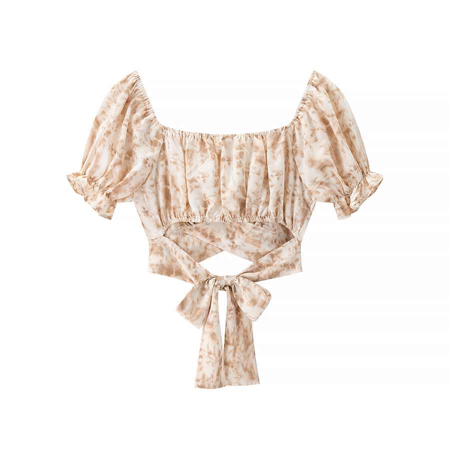 Women Wear All Match Lace up Design Short Sleeve Tube Top Printed Top