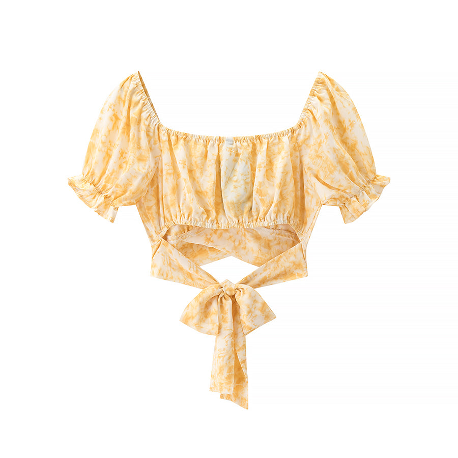 Women Wear All Match Lace up Design Short Sleeve Tube Top Printed Top