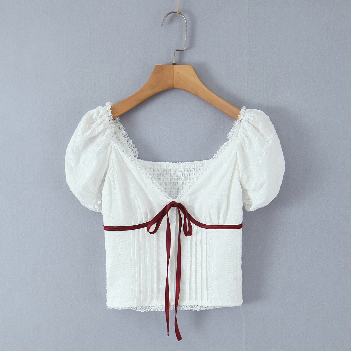 Pure Lace V neck Puff Sleeve Short Top Girls Contrast Color Bow Cinched Slimming Short Sleeves