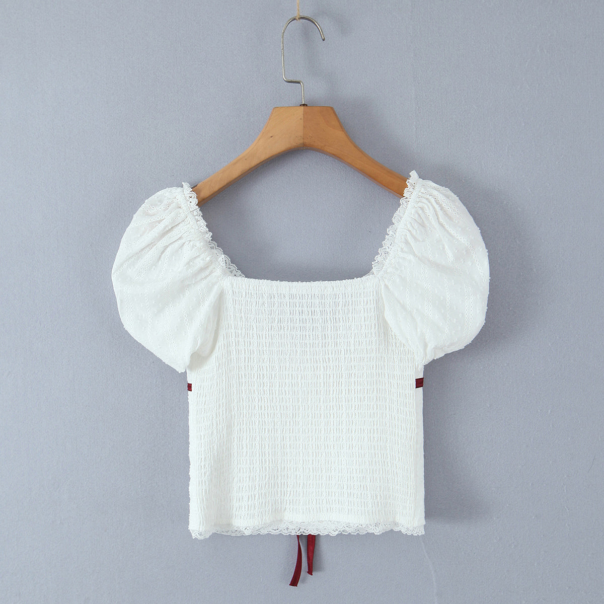Pure Lace V neck Puff Sleeve Short Top Girls Contrast Color Bow Cinched Slimming Short Sleeves