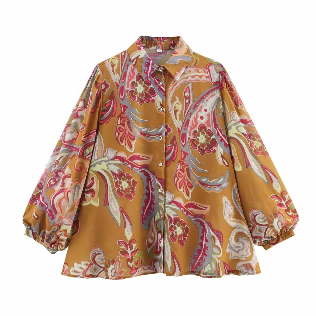 Spring Women Clothing French Loose Translucent Long Sleeve Printed Shirt