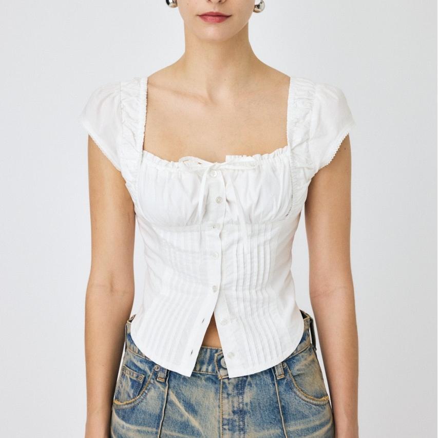 Sexy Square Collar Lace up White Shirt Women Slim Fit Pleated Short Small Top