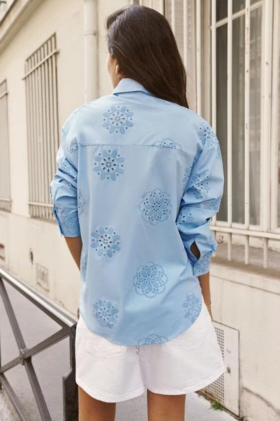 Women Clothing Top Product Embroidered Decorative Poplin Shirt