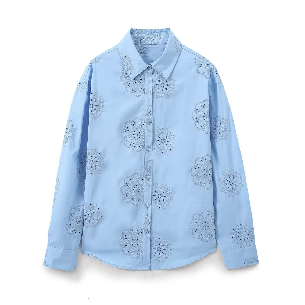 Women Clothing Top Product Embroidered Decorative Poplin Shirt