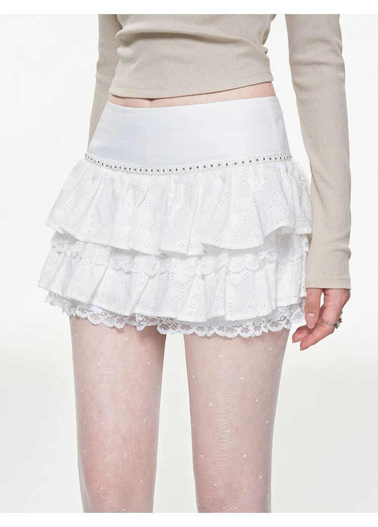Spring French Sexy Sweet Embroidered Jacquard Stitching Lace Lace Cake Skirt Trousers Skirt