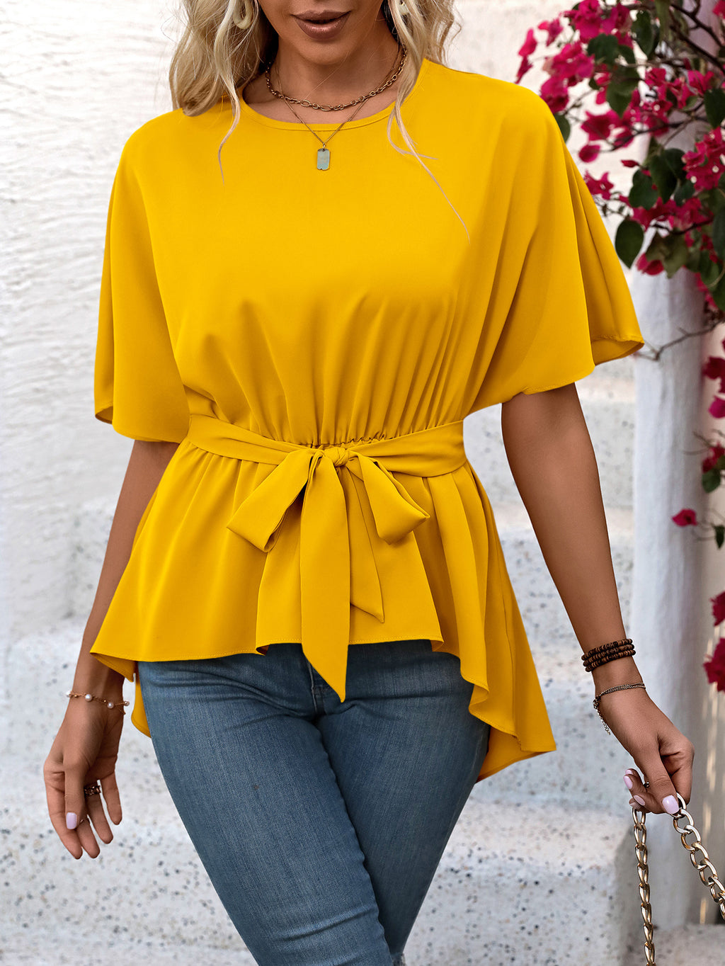 Women Clothing Elegant Elegant Short Sleeved Shirt Lace up Round Neck Pullover Shirt Top for Women