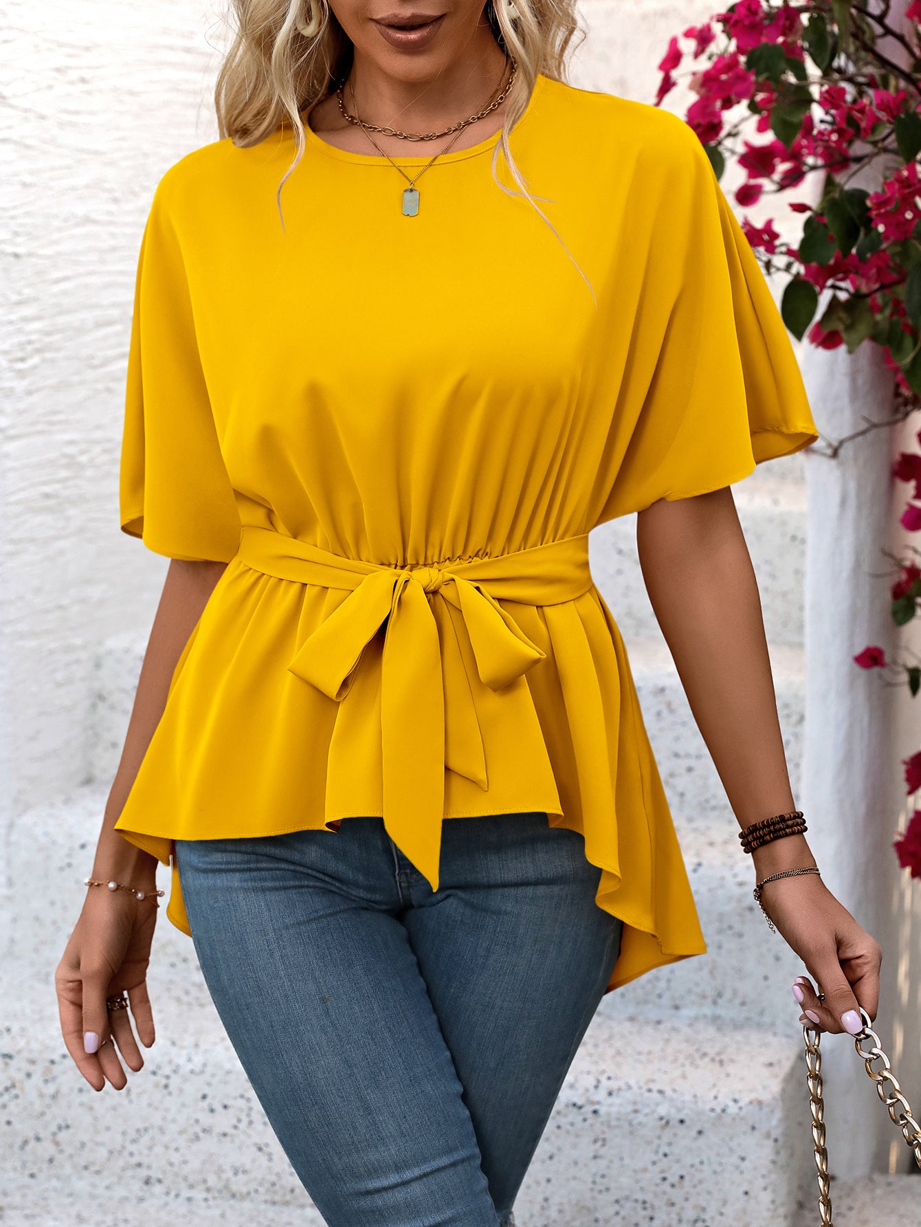 Women Clothing Elegant Elegant Short Sleeved Shirt Lace up Round Neck Pullover Shirt Top for Women