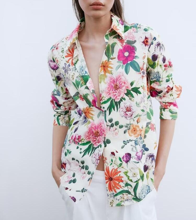 Spring Women Street Floral Printed Poplin Long Sleeve