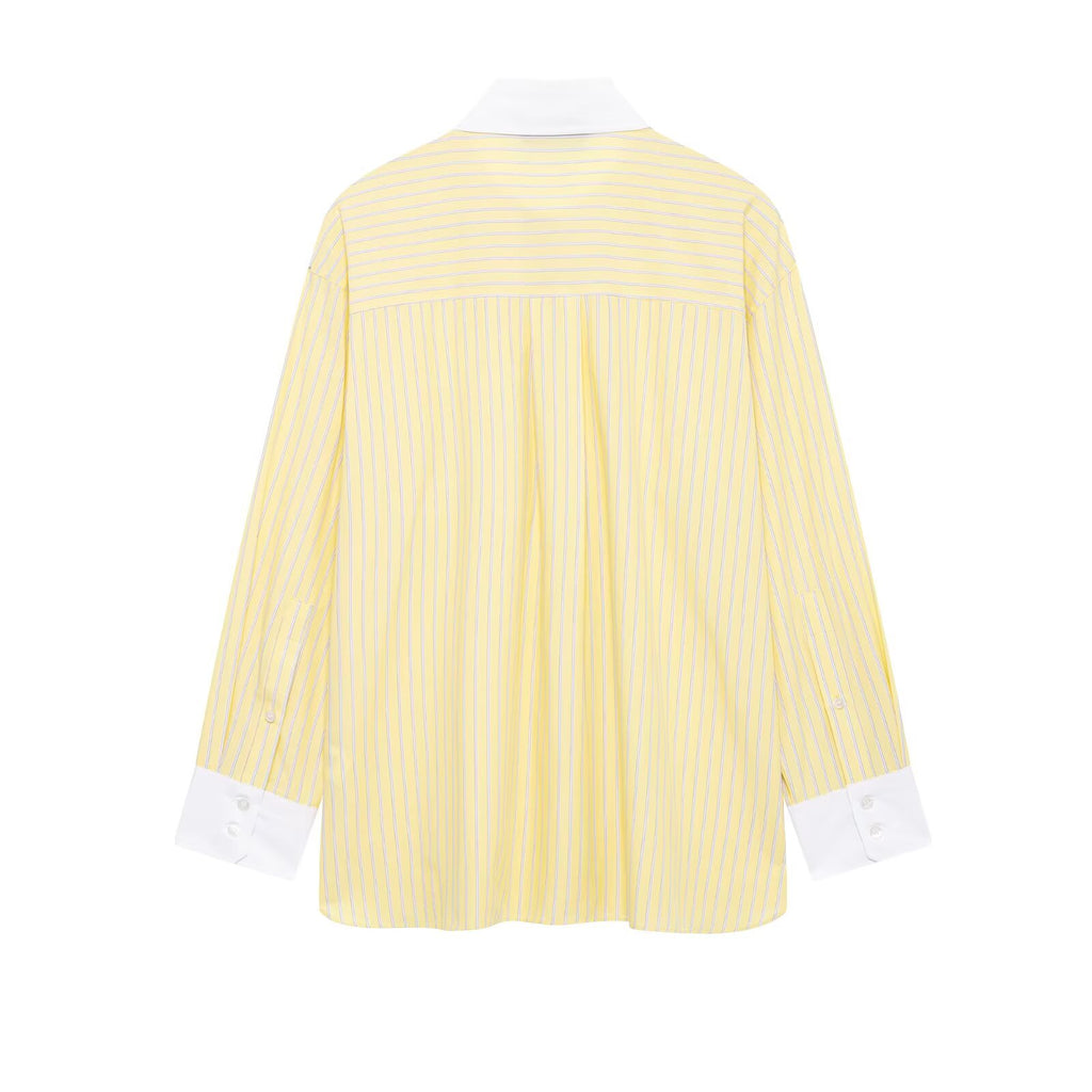 Spring Women Clothing Office Loose All Matching Striped Poplin Collared Long Sleeve Shirt