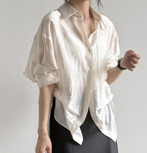 Acetate Shirt Women Back Hollow Out Cutout out Twisted Shirt Summer Thin Loose Long Sleeve Sun Protective Top