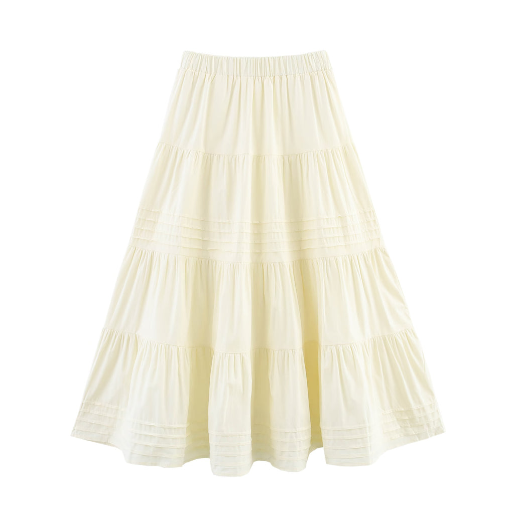 Spring Summer Solid Color Cotton Big Hem Skirt Stripes Multi Layer Tiered Dress