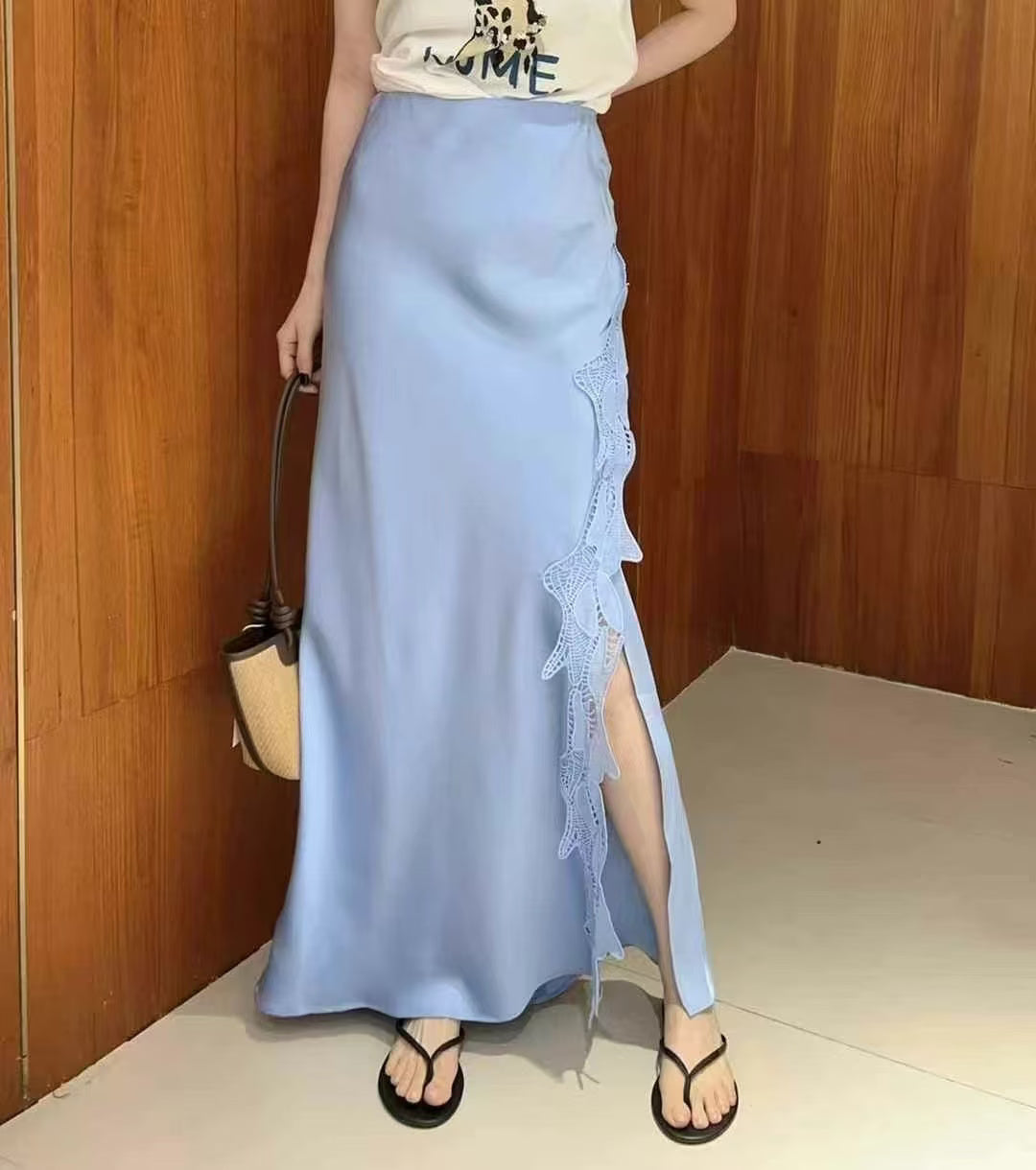 Falda de cintura alta que adelgaza la falda de línea A para mujer Falda cruzada de cadera Falda de satén de encaje