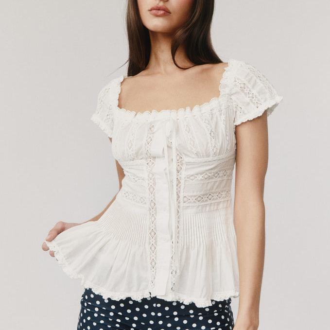 Sweet Refined Handmade Lace Stitching Short Sleeve Shirt French Square Collar Sexy Slim Fit Small Top