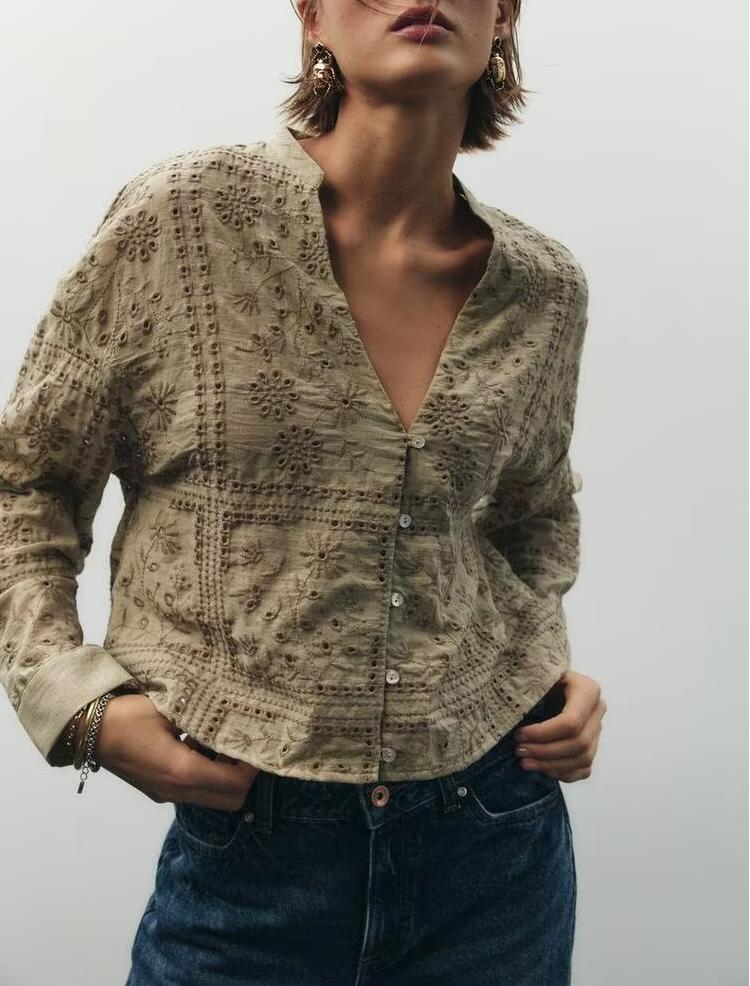 Summer Women Clothing All Matching Hollow Out Cutout Embroidered V neck Single Breasted Long Sleeve Shirt