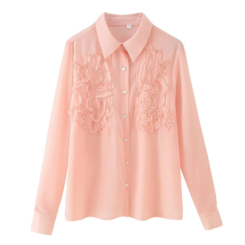 Summer Women Clothing Polo Collar Front Raised Lace Design Shirt Top for Women
