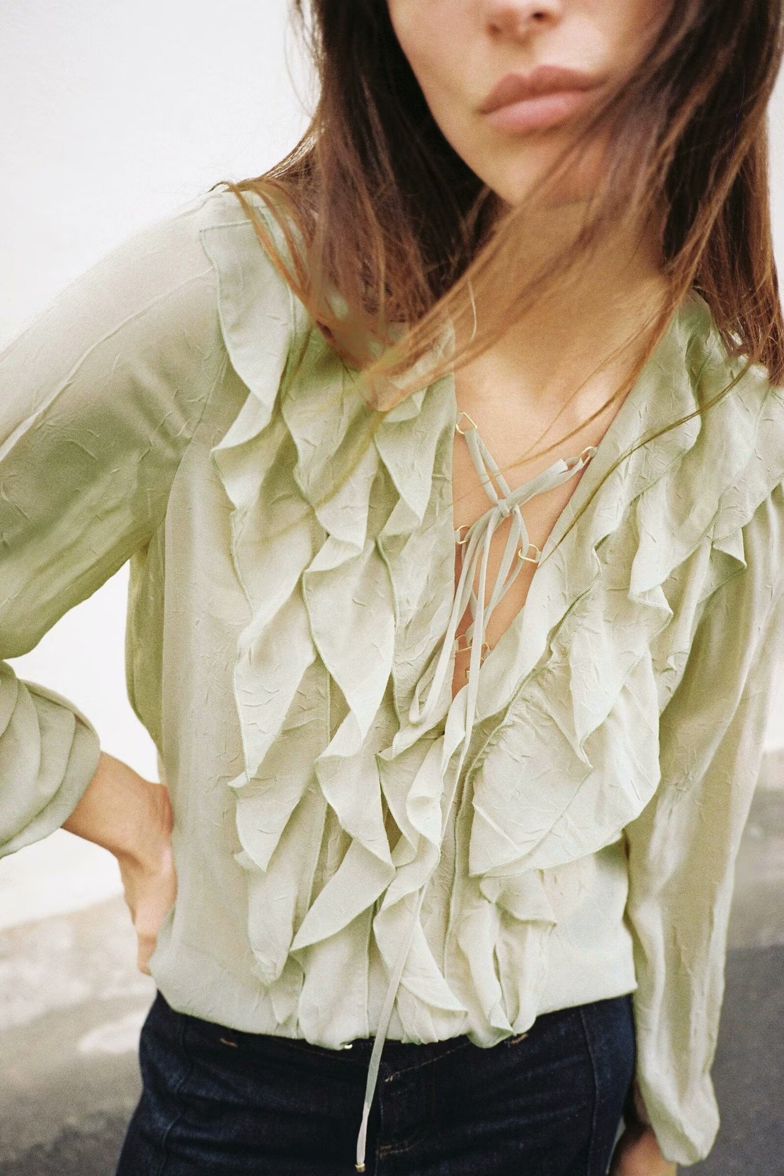 Women Clothing Spring Summer Casual Laminated Decoration Translucent Shirt