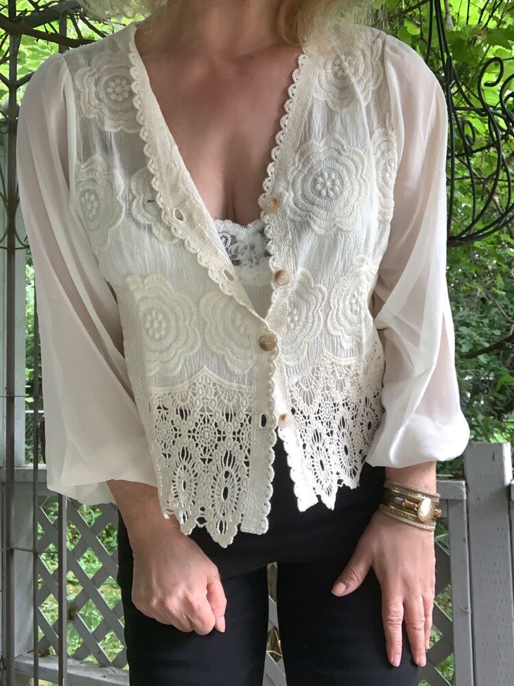 Ladies Hollowed Out Lace Cardigan V Neck Chiffon Sleeve Shirt Sun Protective Top