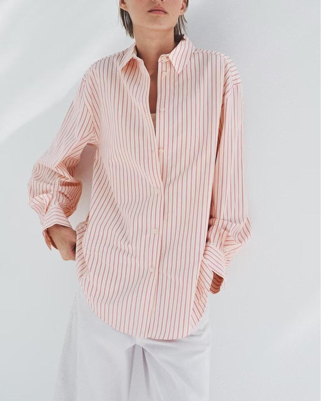 Spring Summer Women Clothing Office Loose All Matching Striped Collared Long Sleeve Shirt