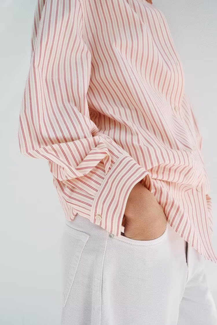 Spring Summer Women Clothing Office Loose All Matching Striped Collared Long Sleeve Shirt