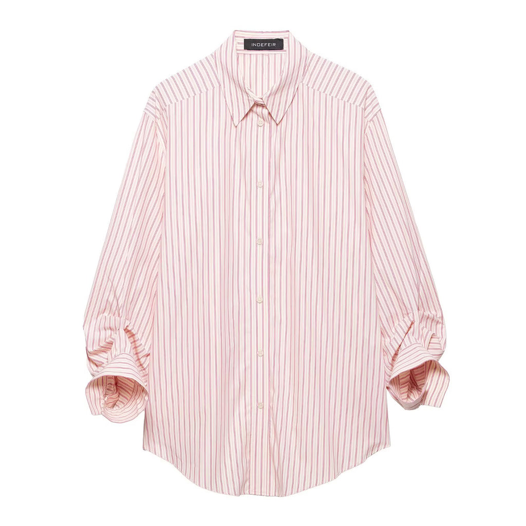 Spring Summer Women Clothing Office Loose All Matching Striped Collared Long Sleeve Shirt